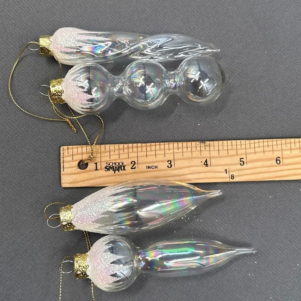 VTG Blown Glass Icicle Christmas Ornaments Clear Iridescent Glitter 4 pc Glam